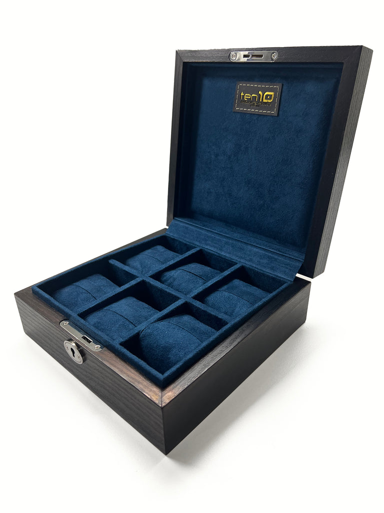 Ten10 ASPEN Elite Watch Box for 6 Watches (Black Exterior & Blue Interior) Ver 2