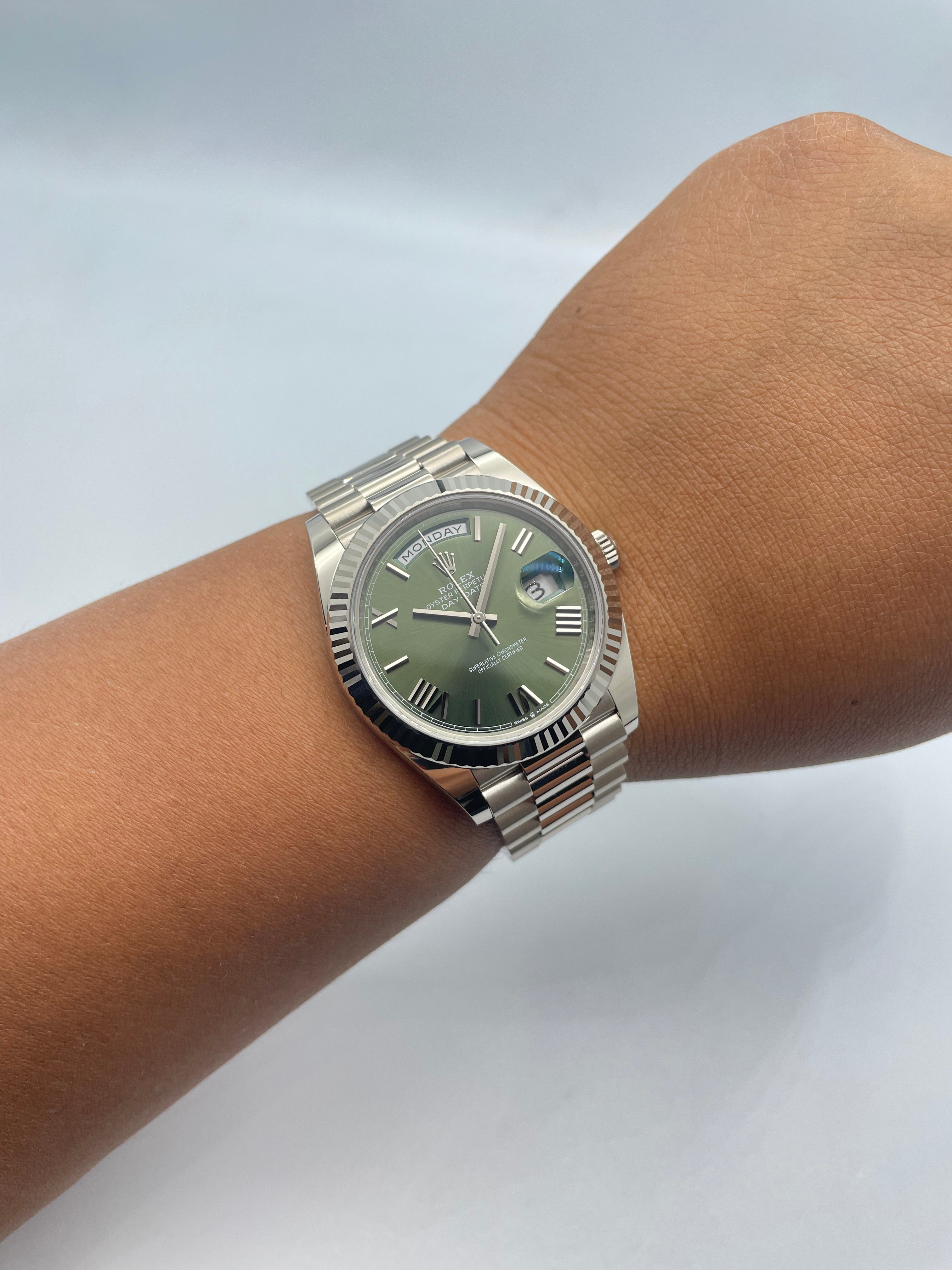 Rolex Day-Date 40 White Gold Olive Dial 228239 – Swiss Connection