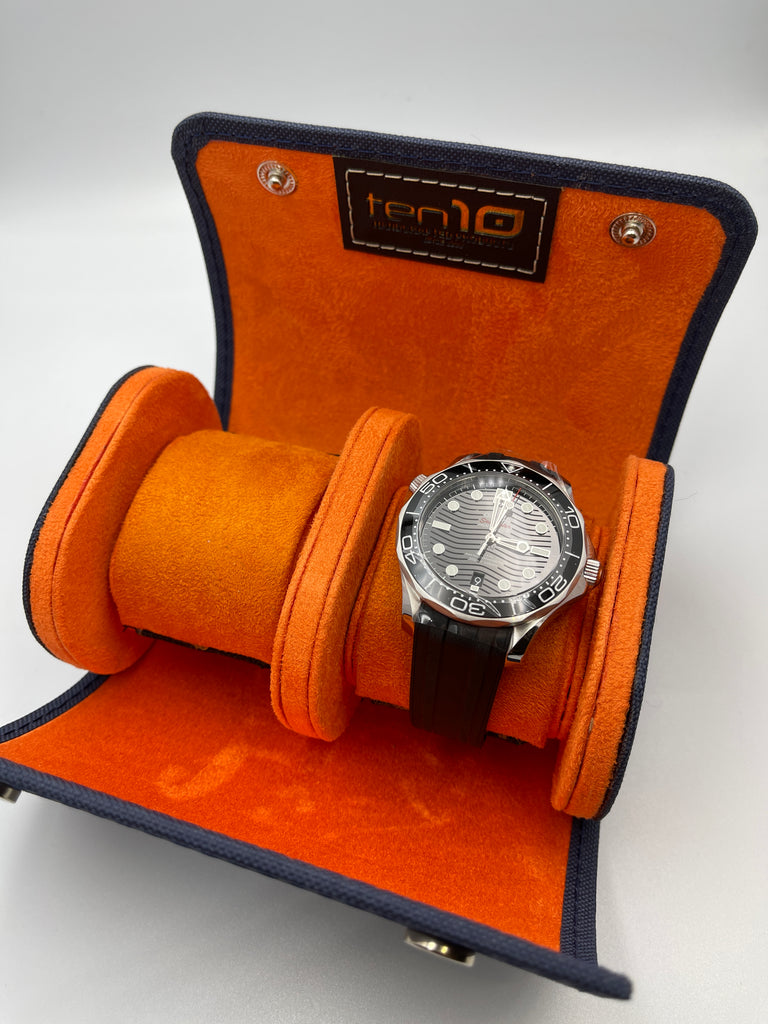 Ten10 Cordura Watch Roll for 2 Watches (Navy Blue Exterior & Orange Interior)